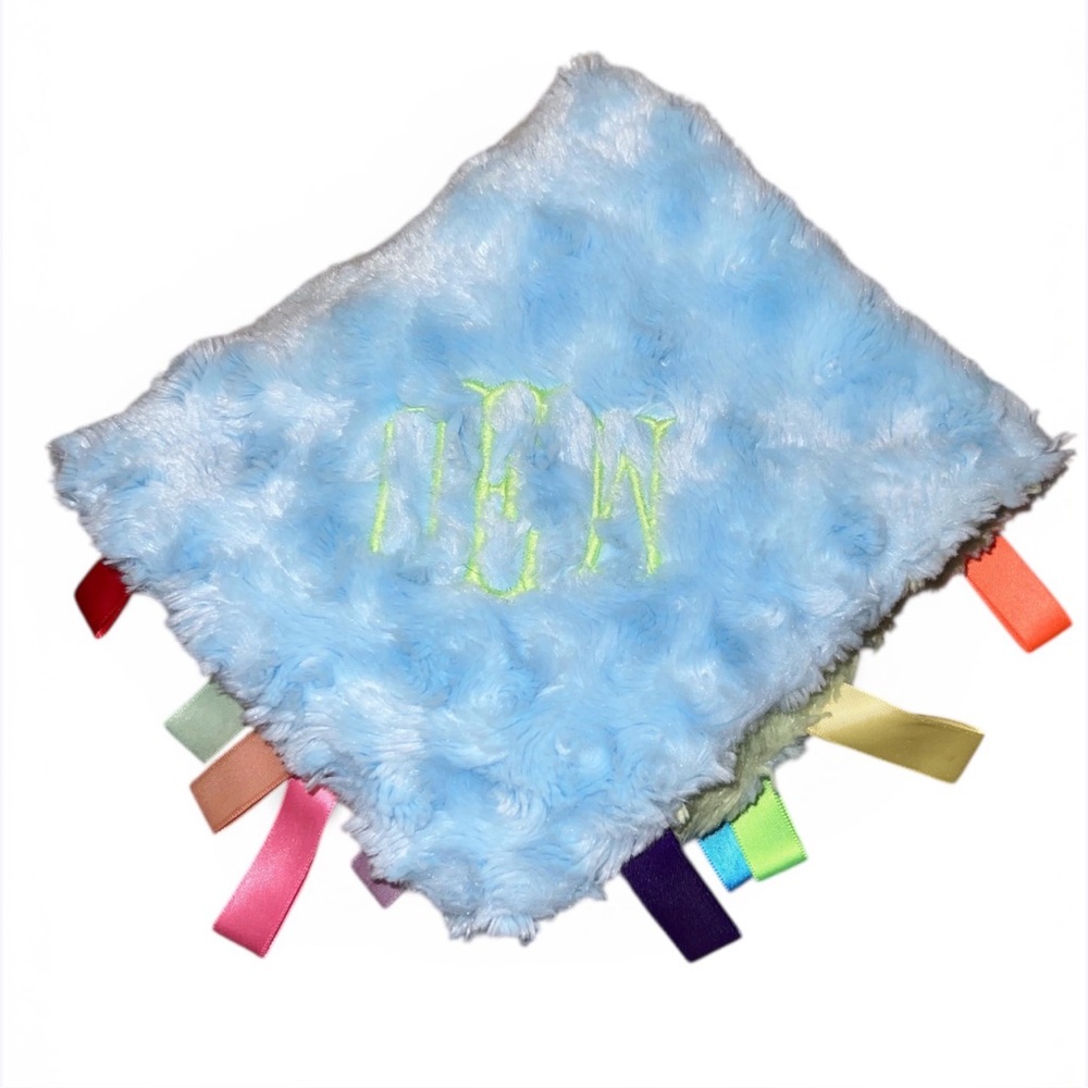 Tourance Blue/green Baby Lovey Security Blanket Multicolored Ribbon Tags